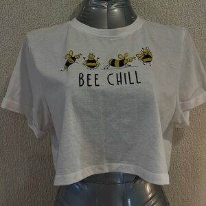 Bee Chill White Cropped Tee with Yellow Bee Graphic